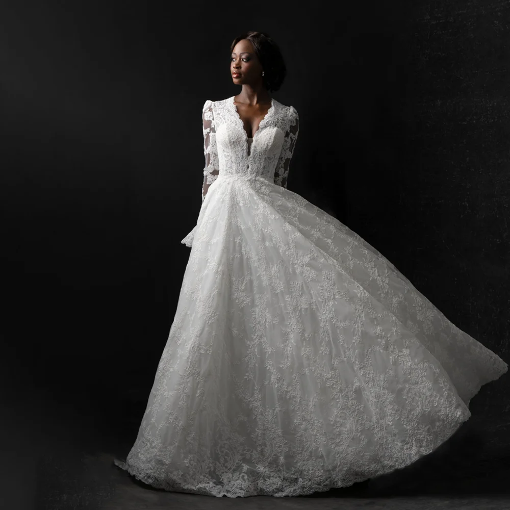 Fashion V-Neck Wedding Dresses Chic Lace Appliques Long Flare Sleeves A-Line Gowns Back Buttons Sweep Train Bride Dresses
Fashion V-Neck Wedding Dresses Chic Lace Appliques Long Flare Sleeves A-Line Gowns Back Buttons Sweep Train Bride Dresses