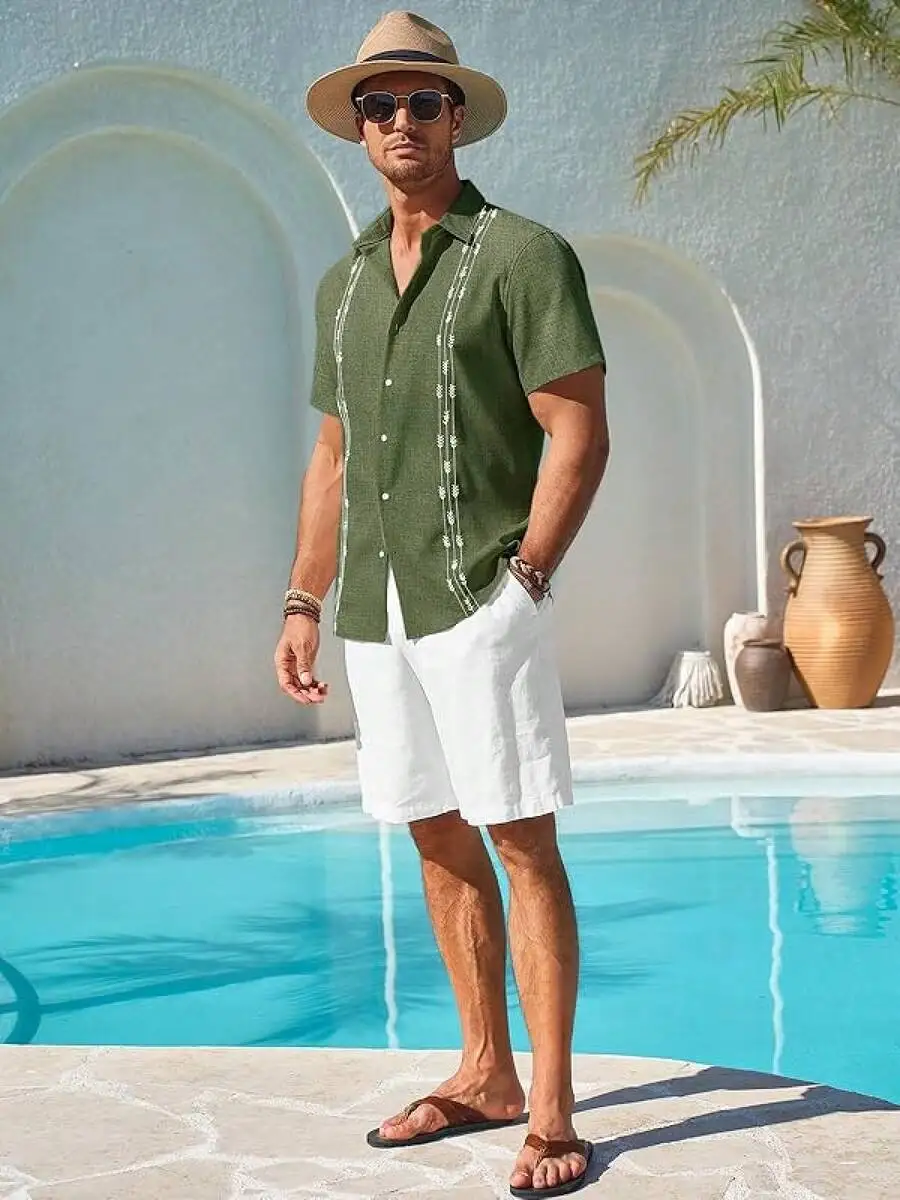 Mens Short Sleeve Guayabera Shirt Button Down Casual Summer Beach Wedding Top
Mens Short Sleeve Guayabera Shirt Button Down Casual Summer Beach Wedding Top