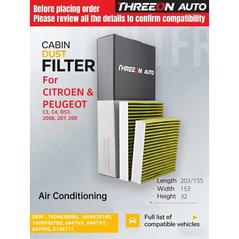 Фильтр салонный THREEON с активированным углем для CITROEN C3 2,3 C4 CACTUS 1.2 1.5 1.6 DS3 SA Peugeot 2008 207 207SW 208 CU21000-2 9740
Фильтр салонный THREEON с активированным углем для CITROEN C3 2,3 C4 CACTUS 1.2 1.5 1.6 DS3 SA Peugeot 2008 207 207SW 208 CU21000-2 9740