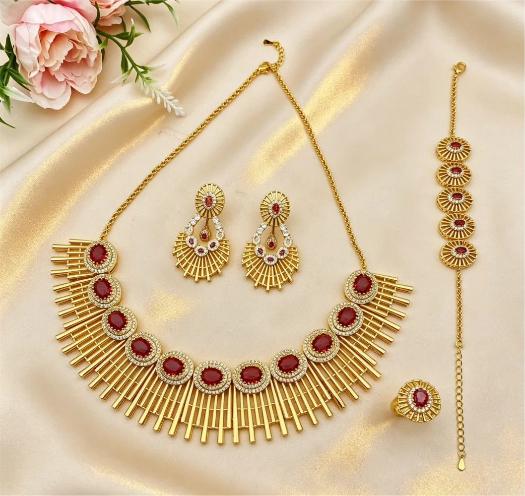 Flora Exquisite Shiny Zircon Gold Plated Copper Women Jewelry Set Bracelet Ring Necklace Earrings for Gift
Flora Exquisite Shiny Zircon Gold Plated Copper Women Jewelry Set Bracelet Ring Necklace Earrings for Gift