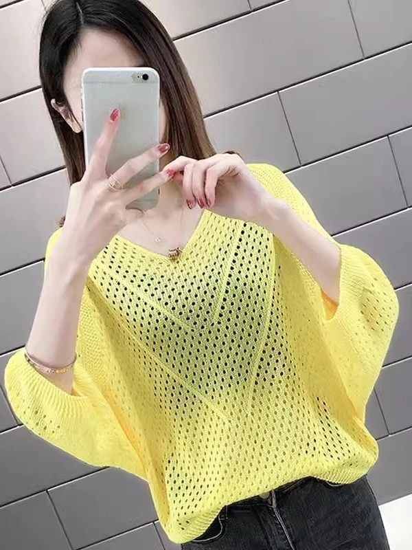 Women's Loose Fit ort Sve Thin V-Ne Batwing Sve T-irt Knitted Hollow out Summer Top Casual Sle Medium Length
Women's Loose Fit ort Sve Thin V-Ne Batwing Sve T-irt Knitted Hollow out Summer Top Casual Sle Medium Length