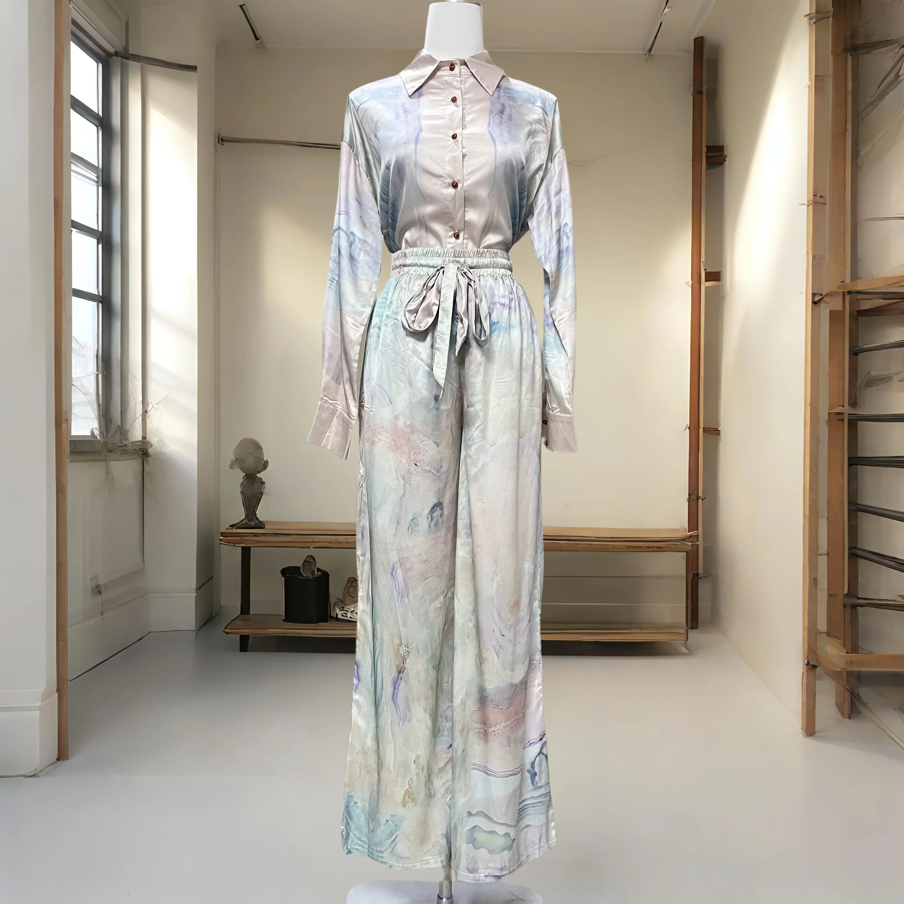 ,Socialite 2025 New Year's Blue Printed Turn-down Collar Long Sleeve Shirt Elastic Waist Wide-leg Pants Casual Set
,Socialite 2025 New Year's Blue Printed Turn-down Collar Long Sleeve Shirt Elastic Waist Wide-leg Pants Casual Set
