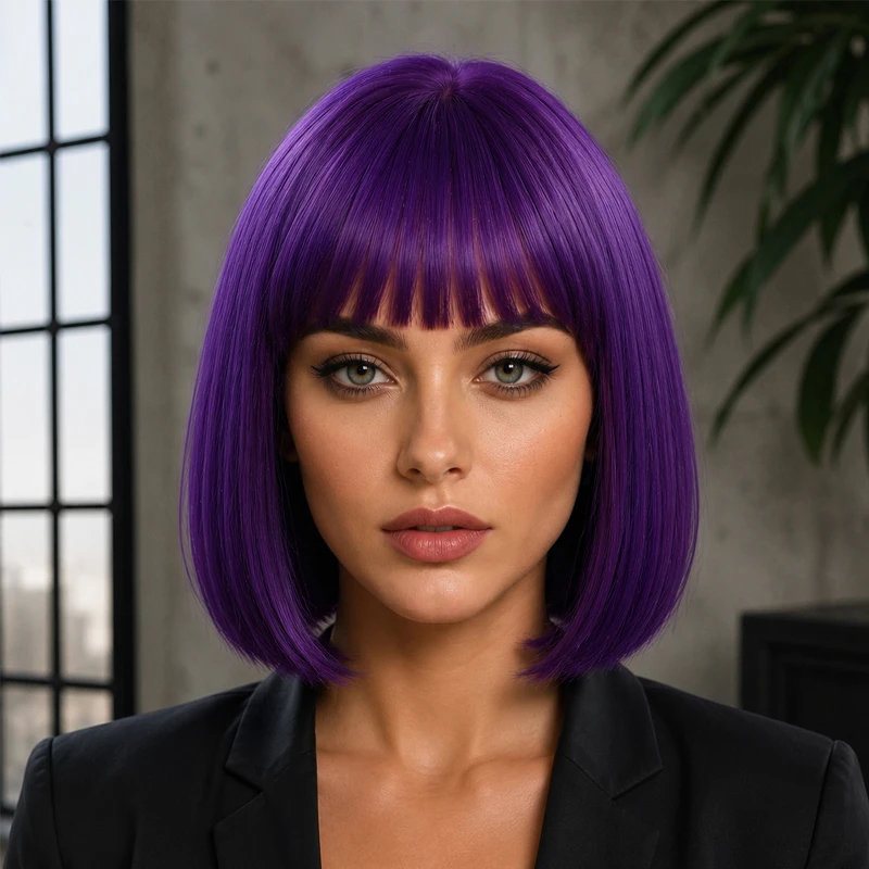 Bright dark purple bob wig, 12 inches straight, with bangs, women's synthetic short hair, street style, cosplay wig.
Bright dark purple bob wig, 12 inches straight, with bangs, women's synthetic short hair, street style, cosplay wig.