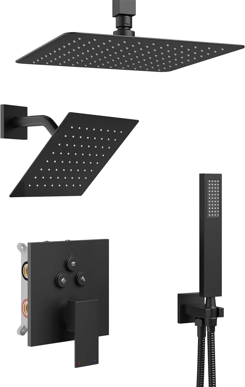 Black Shower System, Faucet Set with 3 In 1 Push Button Valve, Faucet included 10" Ceiling Head and 8" Wall
Black Shower System, Faucet Set with 3 In 1 Push Button Valve, Faucet included 10" Ceiling Head and 8" Wall