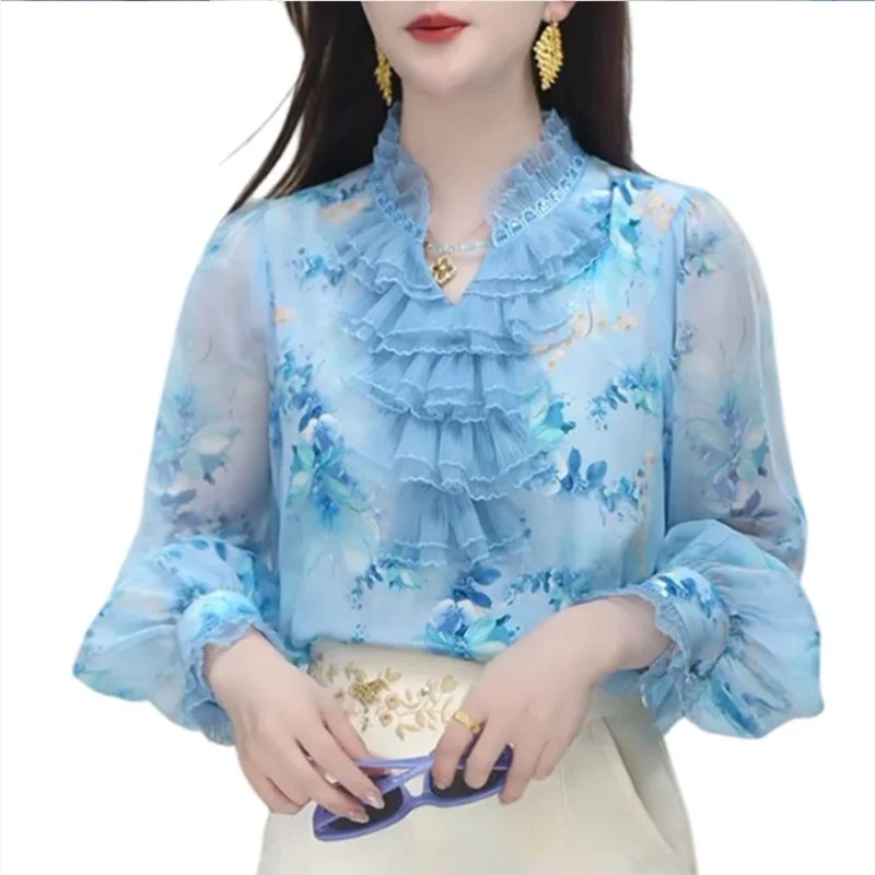 Blue V-Neck Chiffon Base Shirt Women's Spring Autumn Summer New Unique Design Beautiful Top Long Sleeve Small Shirt
Blue V-Neck Chiffon Base Shirt Women's Spring Autumn Summer New Unique Design Beautiful Top Long Sleeve Small Shirt
