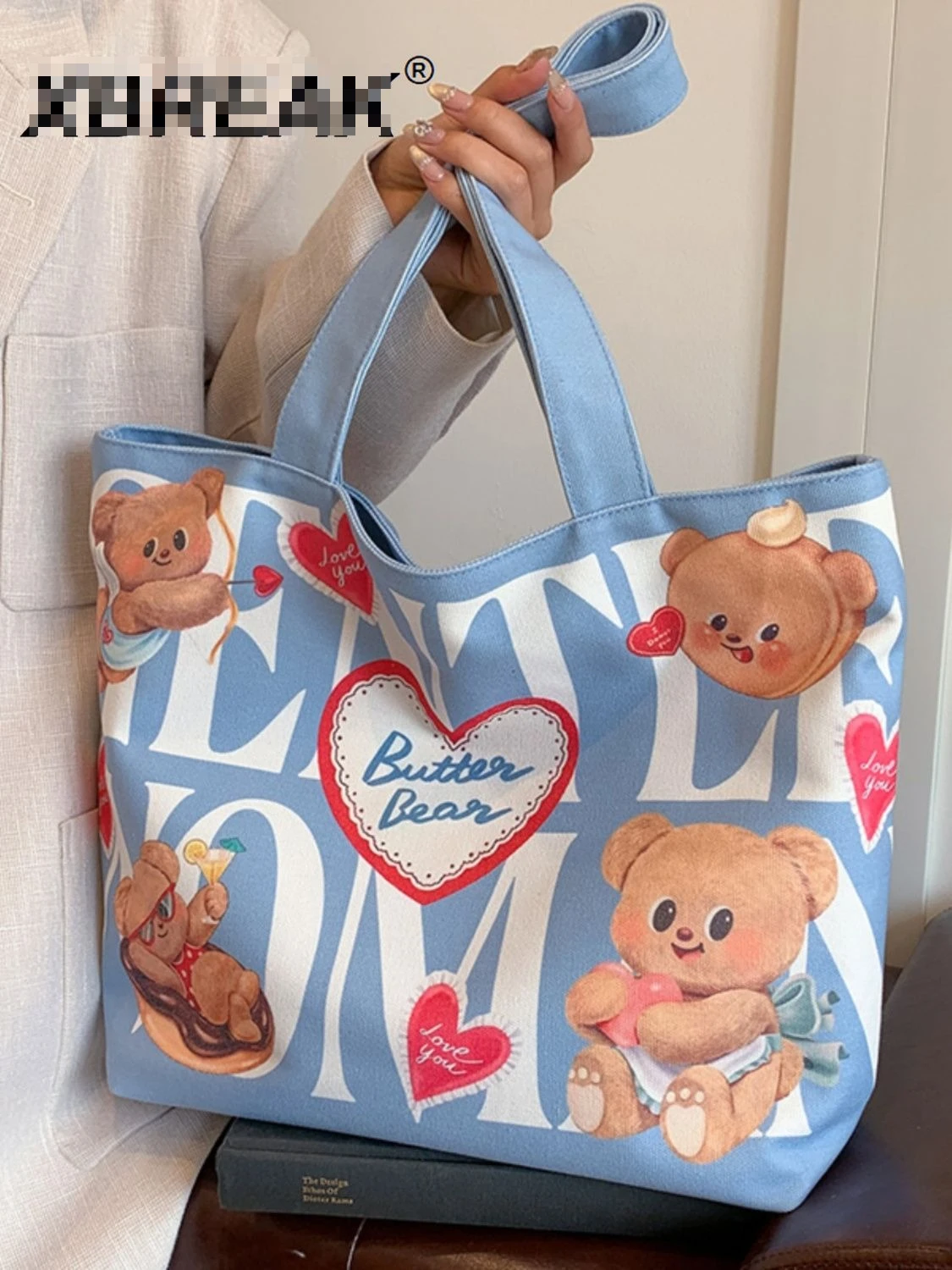 Большая вместительная холщовая сумка с принтом «Масляный медведь», новая милая ручная сумка на плечо с героями мультфильмов