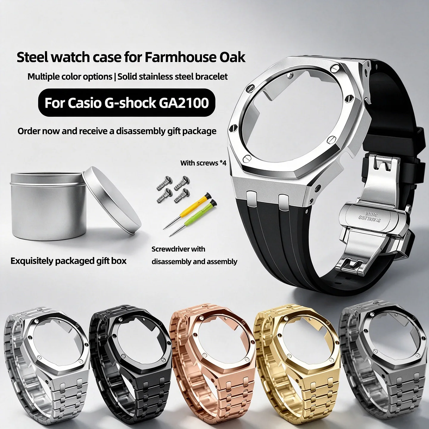 GA2100 Stainless Steel Case &Strap Kit For Casio G-SHOCK Farm Oak GA2100 GA2110 GA-B2100 Men rubber watchband Metal Bright bezel
GA2100 Stainless Steel Case &Strap Kit For Casio G-SHOCK Farm Oak GA2100 GA2110 GA-B2100 Men rubber watchband Metal Bright bezel