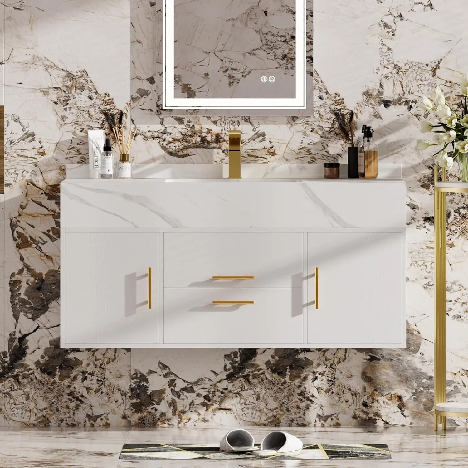 39.4" Floating Bathroom Vanity Sintered Stone Top Undermount Sink 2 Soft-Close Drawers Shared Bathroom White Customized
39.4" Floating Bathroom Vanity Sintered Stone Top Undermount Sink 2 Soft-Close Drawers Shared Bathroom White Customized