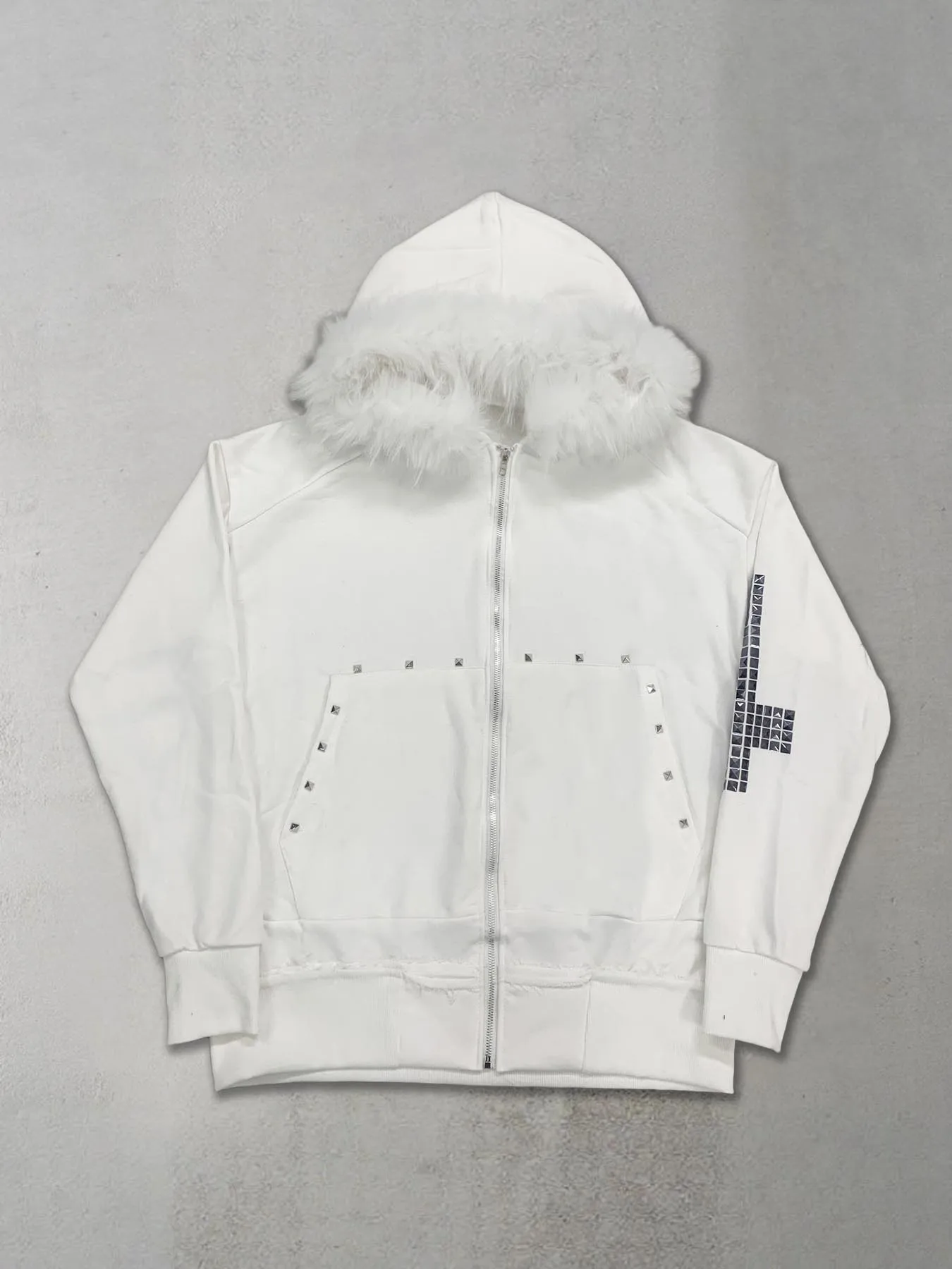 Retro Gothic Style White Fur Studded Hoodie Unisex For Fall Winter Street Fashion And Daily Outfit
Retro Gothic Style White Fur Studded Hoodie Unisex For Fall Winter Street Fashion And Daily Outfit