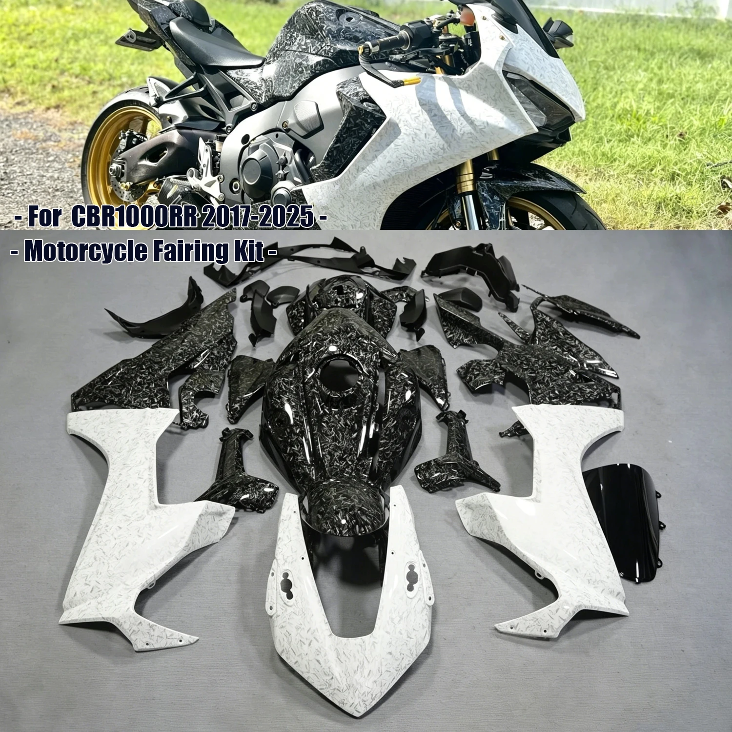 Black White Forged Carbon Fiber Plastics Fairing Kit Injection Mold Bodywork Panel Kit Fit for Honda Cbr1000Rr 2017-2025 23 24
Black White Forged Carbon Fiber Plastics Fairing Kit Injection Mold Bodywork Panel Kit Fit for Honda Cbr1000Rr 2017-2025 23 24