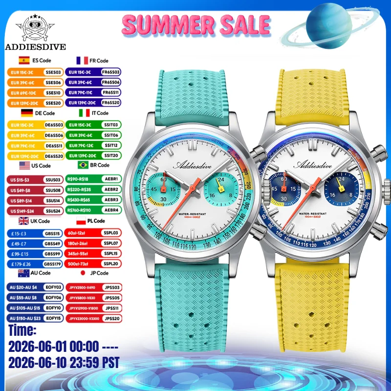 ADDIESDIVE TOP 38mm Chronograph Watch VK64 10Bar Waterproof BGW9 Super Luminous Fluorocarbon Rubber Quartz Men's Watch AD2529
ADDIESDIVE TOP 38mm Chronograph Watch VK64 10Bar Waterproof BGW9 Super Luminous Fluorocarbon Rubber Quartz Men's Watch AD2529