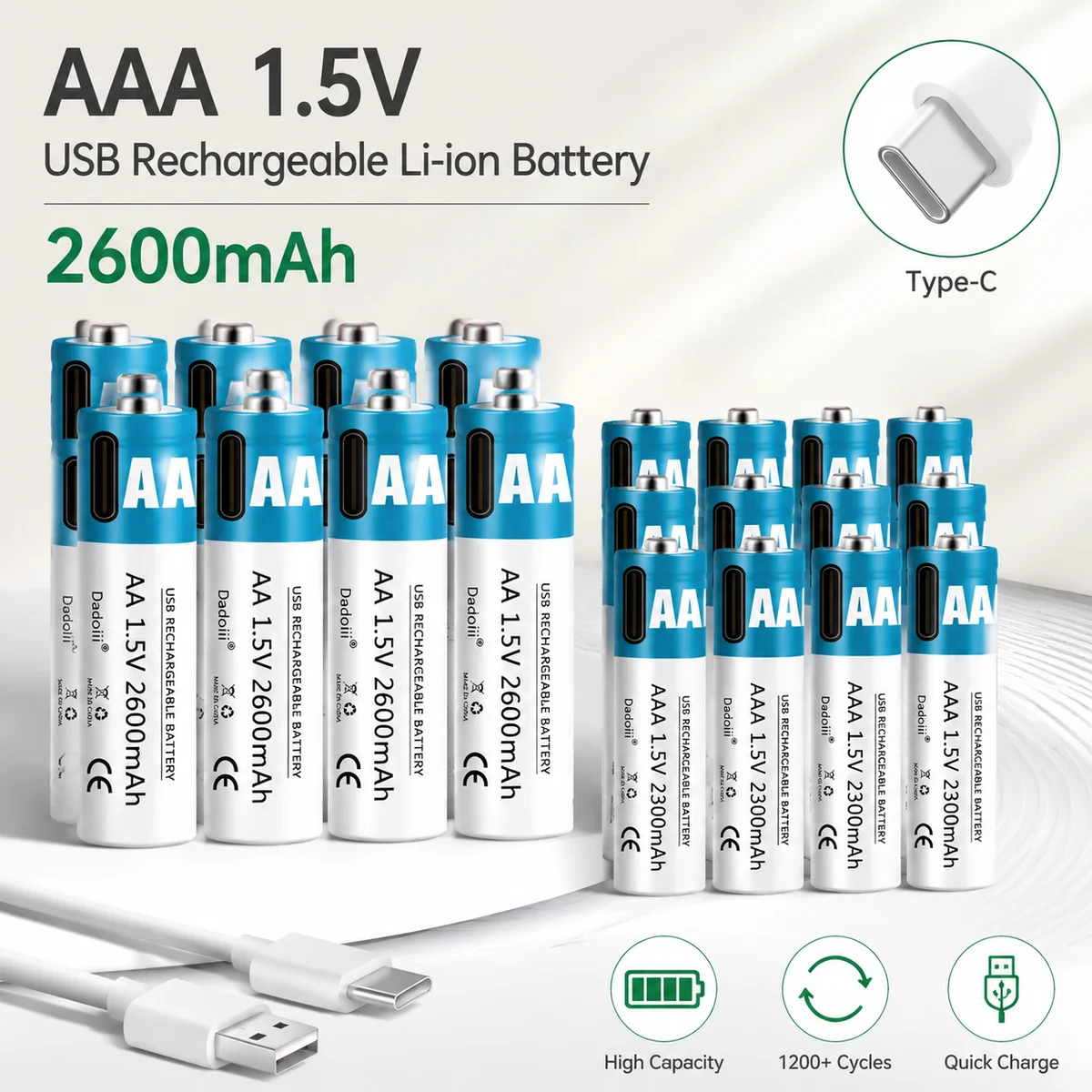 1.5V AA AAA No.5 No.7 USB Rechargeable Lithium Battery Type-C Quick Charge Cell For Learning Machine Password Lock 1200 Cycle
1.5V AA AAA No.5 No.7 USB Rechargeable Lithium Battery Type-C Quick Charge Cell For Learning Machine Password Lock 1200 Cycle