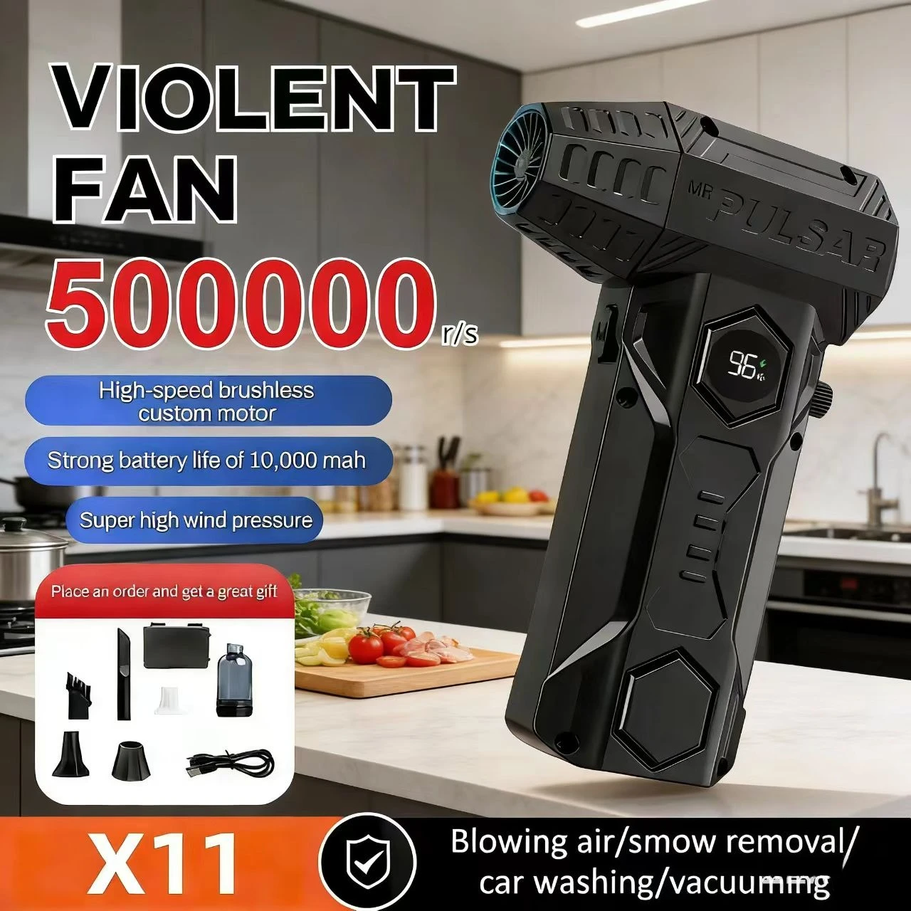 Мощный фен с вентилятором, X11 500000 об/мин, дисплеем уровня заряда батареи, пылесос для снега и пыли, автомобильный струйный вентилятор, дополнительное использование.
Мощный фен с вентилятором, X11 500000 об/мин, дисплеем уровня заряда батареи, пылесос для снега и пыли, автомобильный струйный вентилятор, дополнительное использование.