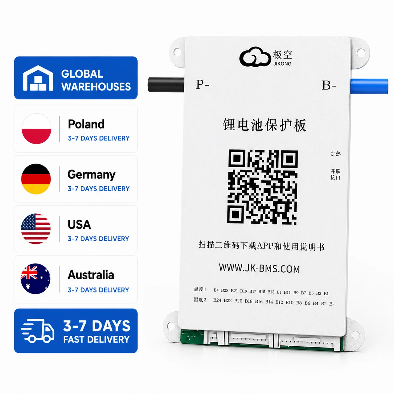 Jikong JK-BD6A24S8P Metal Core PCB BMS 8S 16S 20S LiFePO4 Li-ion Battery Management System
Jikong JK-BD6A24S8P Metal Core PCB BMS 8S 16S 20S LiFePO4 Li-ion Battery Management System