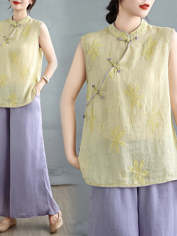 Fashionable Embroidered Top Women's Large Size Chinese Style Jacket Collarless Summer Shirt Straight Cut Regular Sleeveless
Fashionable Embroidered Top Women's Large Size Chinese Style Jacket Collarless Summer Shirt Straight Cut Regular Sleeveless