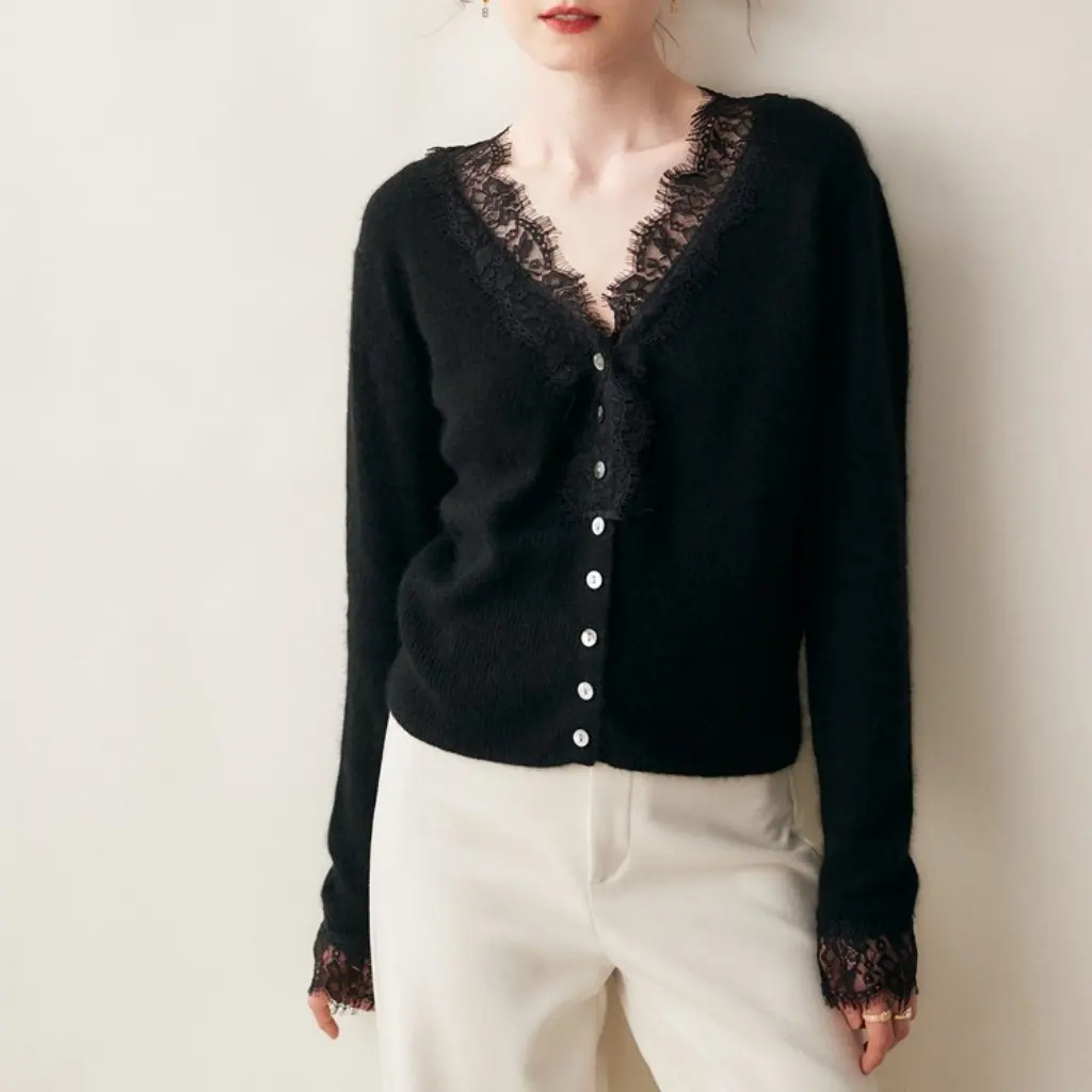 Women's Lace Cashmere Cardigan V Neck Short Sweater Jacket Knitted Wool Long Sleeve Autumn Winter Outerwear
Women's Lace Cashmere Cardigan V Neck Short Sweater Jacket Knitted Wool Long Sleeve Autumn Winter Outerwear