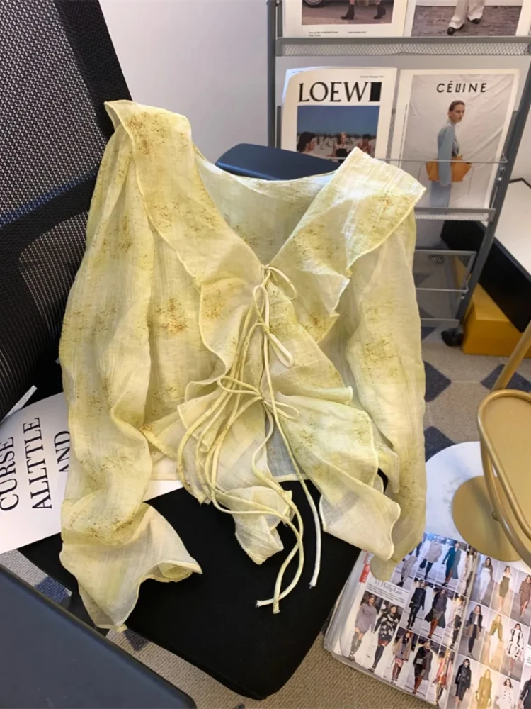 Шифоновая блузка с принтом Tie Dye, рюшами и V-образным вырезом, укороченный топ со складками на шнуровке, весна 2024, прозрачный дизайн, рубашка с длинными рукавами
Шифоновая блузка с принтом Tie Dye, рюшами и V-образным вырезом, укороченный топ со складками на шнуровке, весна 2024, прозрачный дизайн, рубашка с длинными рукавами