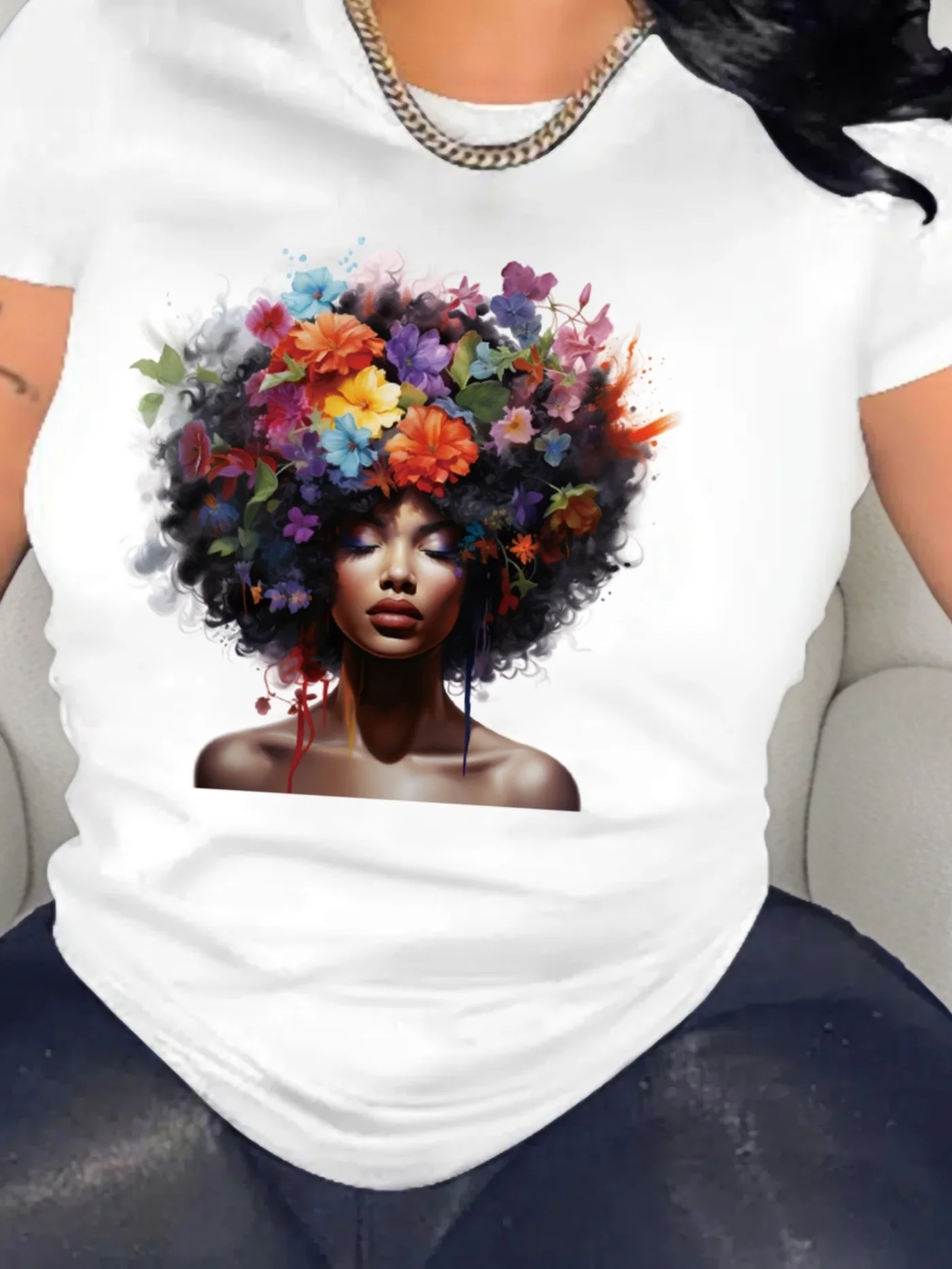Women's Vacation Style Afro Floral Portrait Graphic T-Shirt - Spring Summer Casual Round Neck Tee with Medium Stretch
Women's Vacation Style Afro Floral Portrait Graphic T-Shirt - Spring Summer Casual Round Neck Tee with Medium Stretch