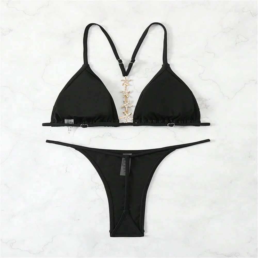 Rhinestone Star Chains Swimsuit Backless Bikini Triangle String Micro Tanga Black Swimwear Women Bathing Suit Beach Swim Outfits
Rhinestone Star Chains Swimsuit Backless Bikini Triangle String Micro Tanga Black Swimwear Women Bathing Suit Beach Swim Outfits
