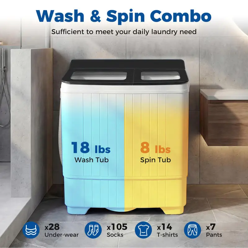 Portable Washing Machine with 18 LBS Washer and 8 LBS Spinner Combo-Black
Portable Washing Machine with 18 LBS Washer and 8 LBS Spinner Combo-Black