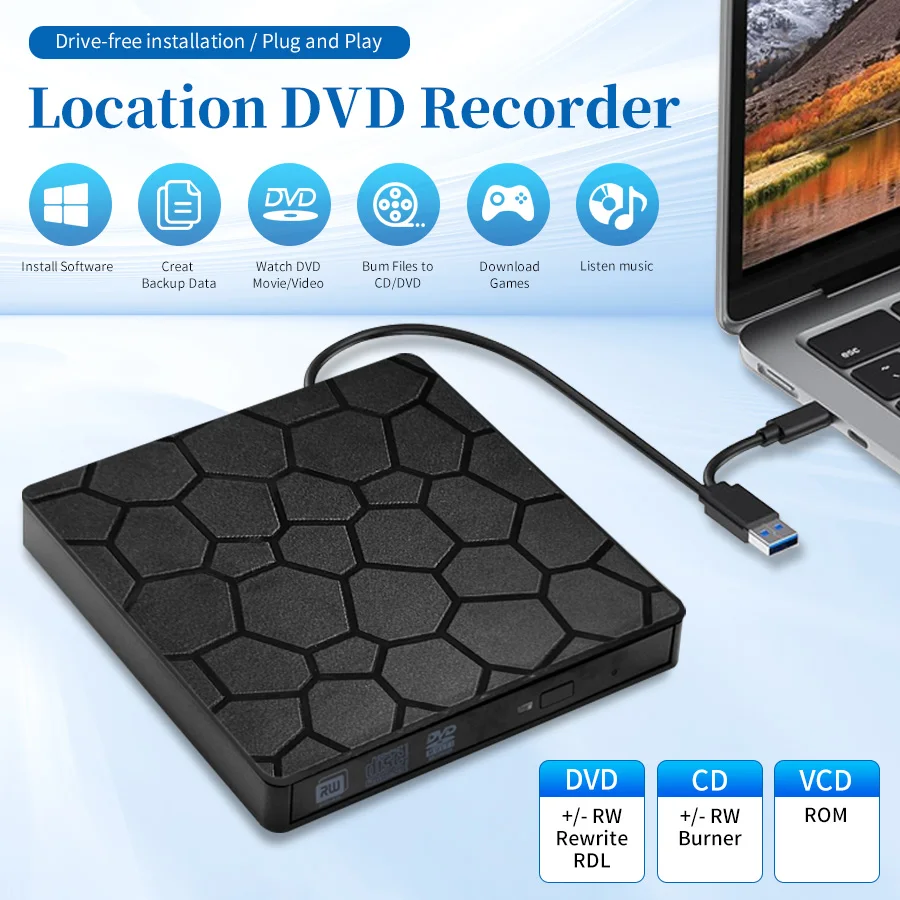 2 in 1 USB 3.0 TypeC External DVD RW CD Reader Player Burner Ultra-thin Drive Optical Portable Drive Compatible For PC Laptop
2 in 1 USB 3.0 TypeC External DVD RW CD Reader Player Burner Ultra-thin Drive Optical Portable Drive Compatible For PC Laptop