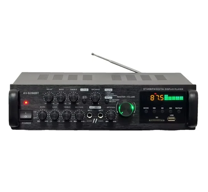 AV-6288BT 1000W 2*500W High Fidelity Karaoke Amplifier Dual-Use 12V/220V AC/DC BT Wireless Plastic Material
AV-6288BT 1000W 2*500W High Fidelity Karaoke Amplifier Dual-Use 12V/220V AC/DC BT Wireless Plastic Material