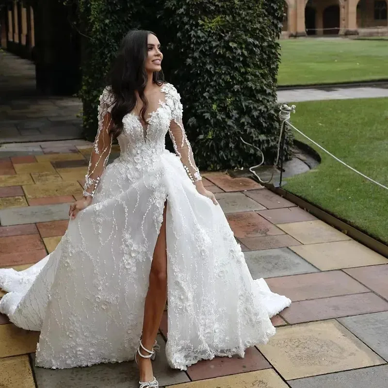 Customized Beautiful Sheer Neck 3D Floral Lace Appliques Bridal Gowns African Vestidos De Noiva Long Sleeves High Split Weddin
Customized Beautiful Sheer Neck 3D Floral Lace Appliques Bridal Gowns African Vestidos De Noiva Long Sleeves High Split Weddin