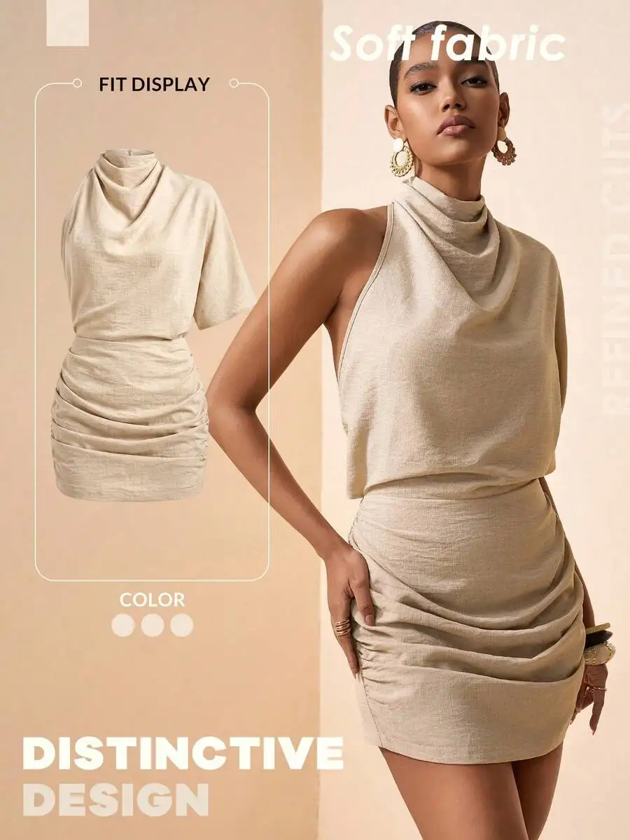 Beige Linen Two Piece Set With Asymmetric Neckline And Ruched Skirt
Beige Linen Two Piece Set With Asymmetric Neckline And Ruched Skirt