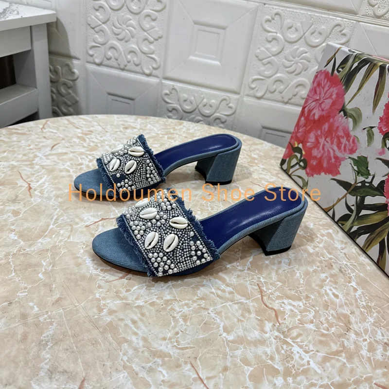 Women's Denim Slide Sandals Cowrie Shell Pearl Embellished Peep Toe Mules Flat Block Heel Options Bohemian Fringe Slip On Sandal
Women's Denim Slide Sandals Cowrie Shell Pearl Embellished Peep Toe Mules Flat Block Heel Options Bohemian Fringe Slip On Sandal