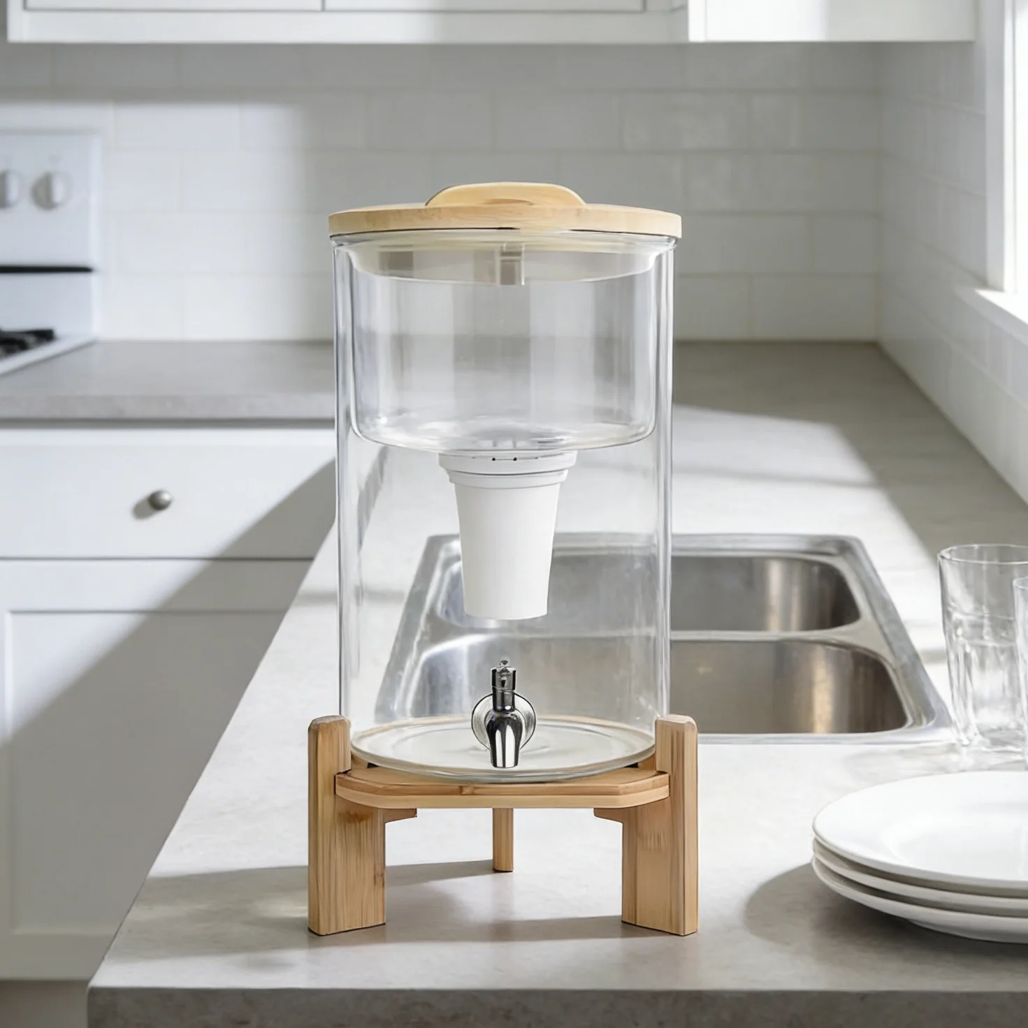 Household glass gravity filter bucket mineral countertop water purifier activated carbon chlorine removal bamboo base lid
Household glass gravity filter bucket mineral countertop water purifier activated carbon chlorine removal bamboo base lid