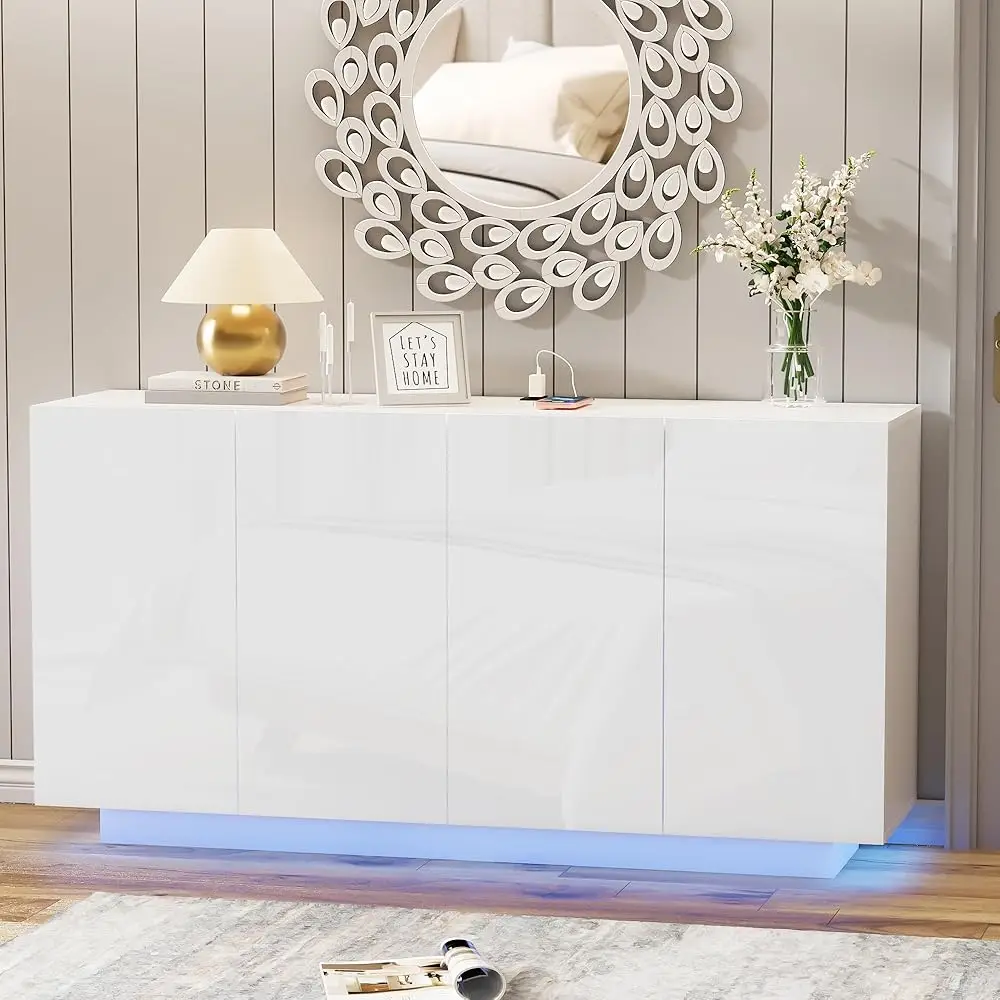White Buffet Cabinet With Lights 57.87'' Sideboard With Storage Coffee Bar With Charging Station Kitchen Led Buffet Cabinet
White Buffet Cabinet With Lights 57.87'' Sideboard With Storage Coffee Bar With Charging Station Kitchen Led Buffet Cabinet