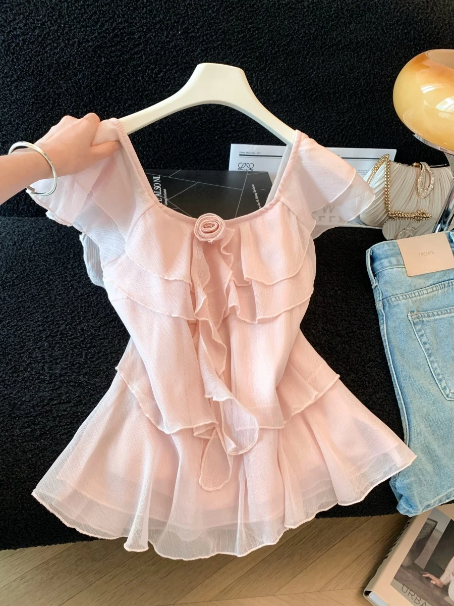 Pink 3D Rose Flower Square Collar Chiffon Top Women's Summer New Style Small Size Fashionable Gauze Sleeve Blouse
Pink 3D Rose Flower Square Collar Chiffon Top Women's Summer New Style Small Size Fashionable Gauze Sleeve Blouse