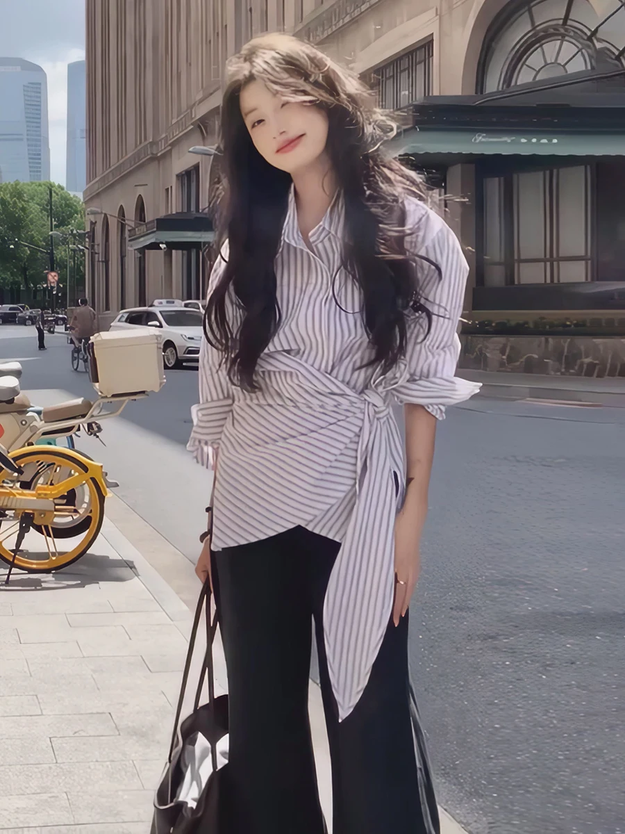 Early Autumn 2025 Women's Korean Sle Long Sve Striped irt Slimming Waist Tie Top Unconal Pattern Faionable
Early Autumn 2025 Women's Korean Sle Long Sve Striped irt Slimming Waist Tie Top Unconal Pattern Faionable