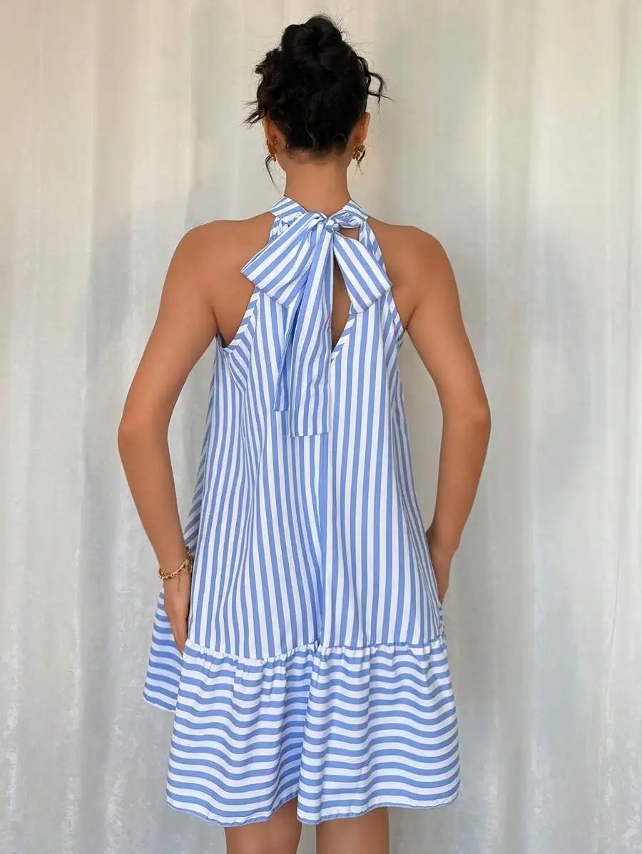 Sleeveless Halter Neck Striped Ruffle Trim Vacation Dress For Women Spring Summer
Sleeveless Halter Neck Striped Ruffle Trim Vacation Dress For Women Spring Summer