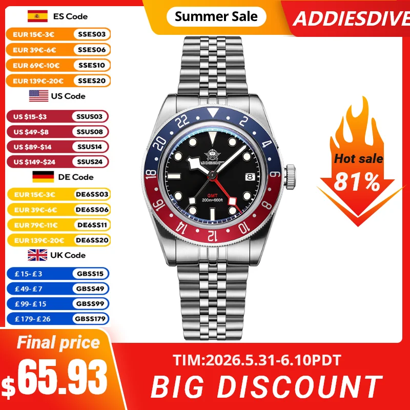 ADDIESDIVE Quartz Watches GMT Movement 39mm Fashion Stainless Steel Diver Watches For Men BGW9 Luminous Waterproof Luxury Watch
ADDIESDIVE Quartz Watches GMT Movement 39mm Fashion Stainless Steel Diver Watches For Men BGW9 Luminous Waterproof Luxury Watch