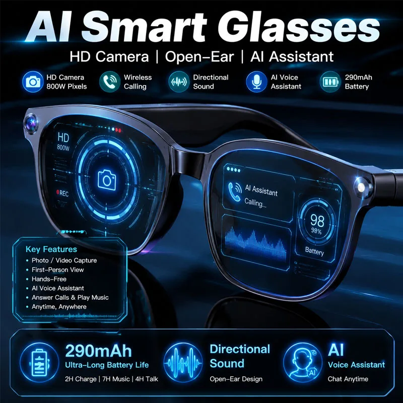 New Smart Glasses 800W HD Pixel Camera Dual Speakers 290mAh Battery Real-time Translation Al Voice Assistant Men Sunglasses
New Smart Glasses 800W HD Pixel Camera Dual Speakers 290mAh Battery Real-time Translation Al Voice Assistant Men Sunglasses