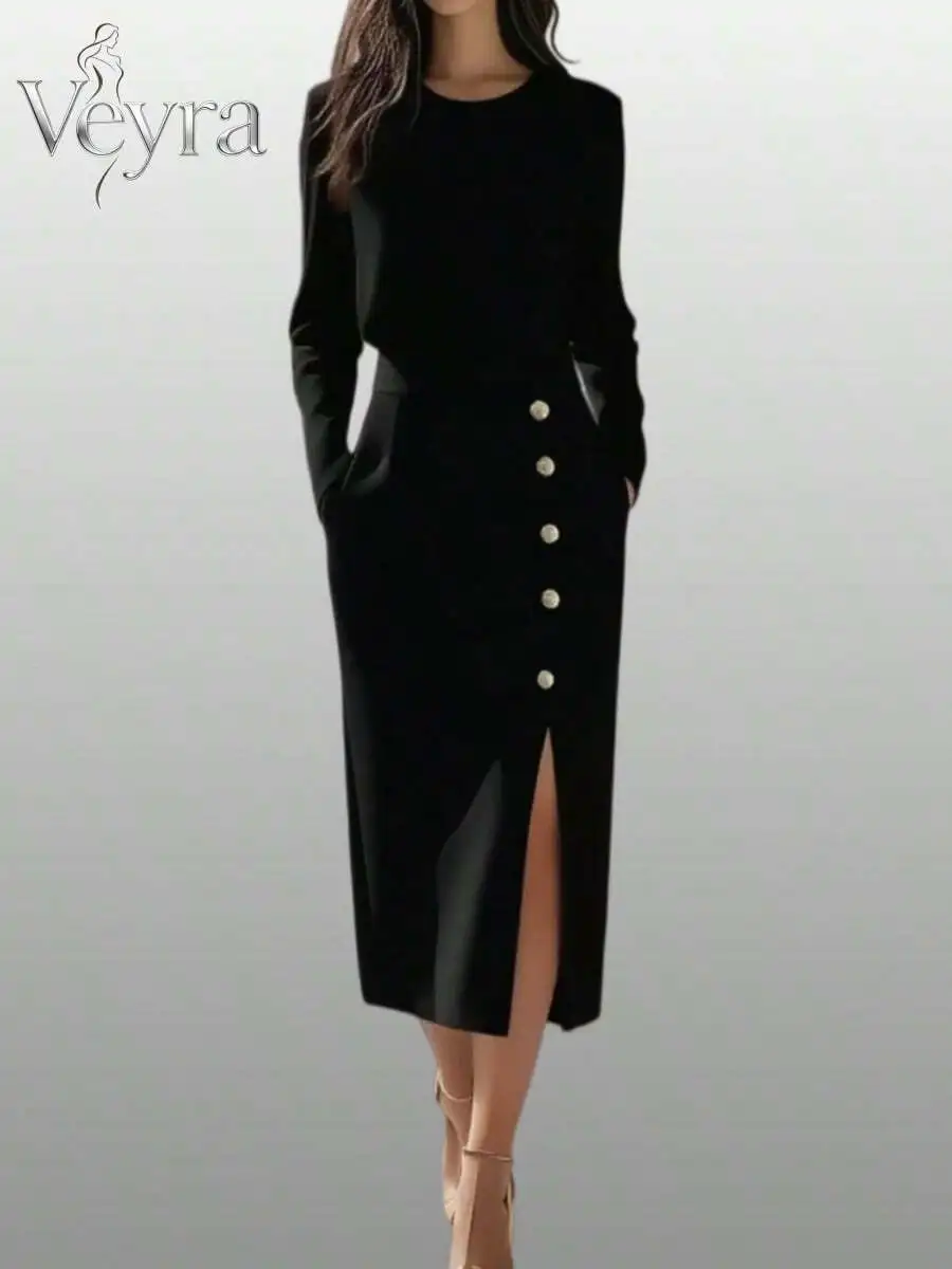 Black Wrap Midi Dress With Stand Collar, Gold Buttons, Side Slit, Long Sleeves And Fitted Waist For Autumn Elegance
Black Wrap Midi Dress With Stand Collar, Gold Buttons, Side Slit, Long Sleeves And Fitted Waist For Autumn Elegance