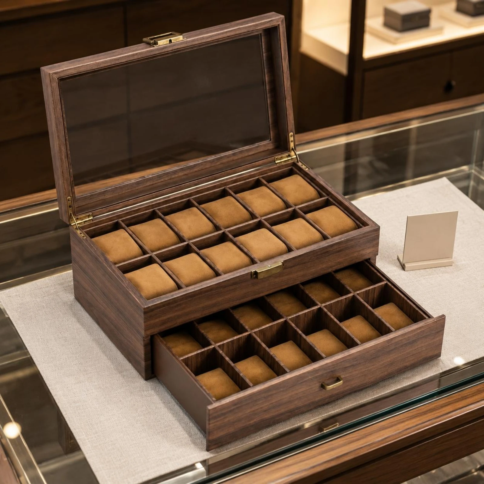 24-Slot Watch Box Transparent Glass Lid 24-Slot Watch Organizer Padded Slots Divided Compartments
24-Slot Watch Box Transparent Glass Lid 24-Slot Watch Organizer Padded Slots Divided Compartments