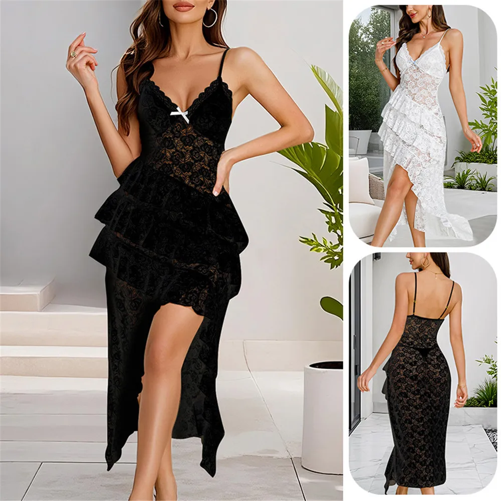 Женская шифоновая ночная рубашка на подтяжках, сексуальная перспективная кружевная ночная рубашка с разрезом и оборками, сетчатая ночная рубашка, домашняя одежда 
Женская шифоновая ночная рубашка на подтяжках, сексуальная перспективная кружевная ночная рубашка с разрезом и оборками, сетчатая ночная рубашка, домашняя одежда