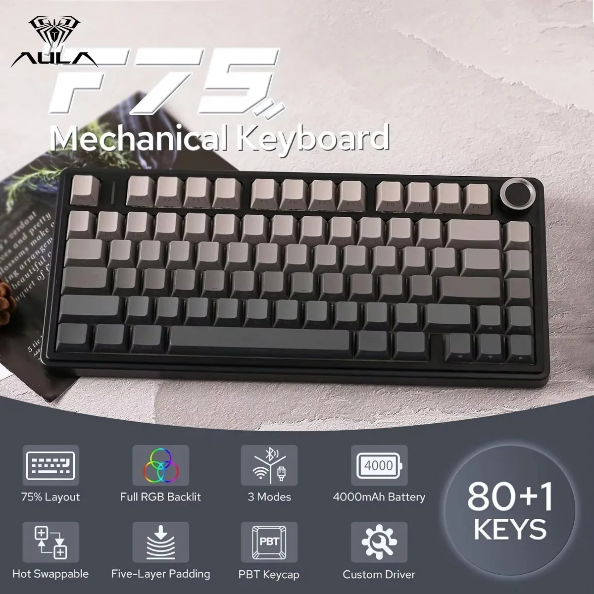 AULA F75 Custom Keyboard 2.4G Wireless/Bluetooth/Wired Gaming Keyboard RGB Customized 75% Layout OEM Profile Gasket Structure
AULA F75 Custom Keyboard 2.4G Wireless/Bluetooth/Wired Gaming Keyboard RGB Customized 75% Layout OEM Profile Gasket Structure