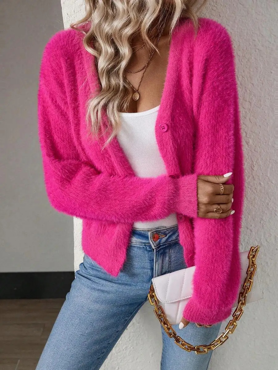 V-Neck Long Sleeve Fluffy Knit Cardigan with Front Buttons, Pink
V-Neck Long Sleeve Fluffy Knit Cardigan with Front Buttons, Pink
