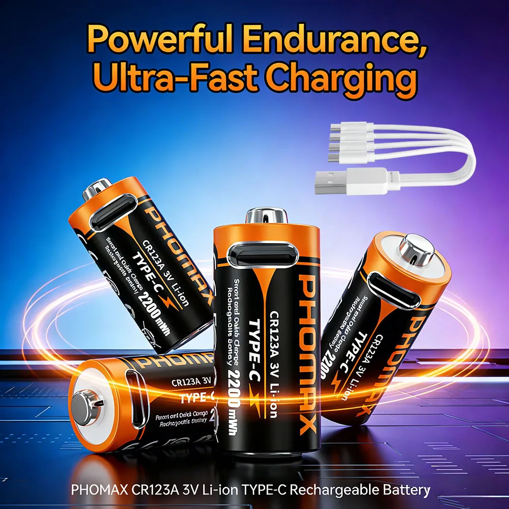 PHOMAX Type-C Rechargeable CR123A 2200mWh 3V Lithium Battery Rechargeable Battery High Capacity Portable Stable Output
PHOMAX Type-C Rechargeable CR123A 2200mWh 3V Lithium Battery Rechargeable Battery High Capacity Portable Stable Output