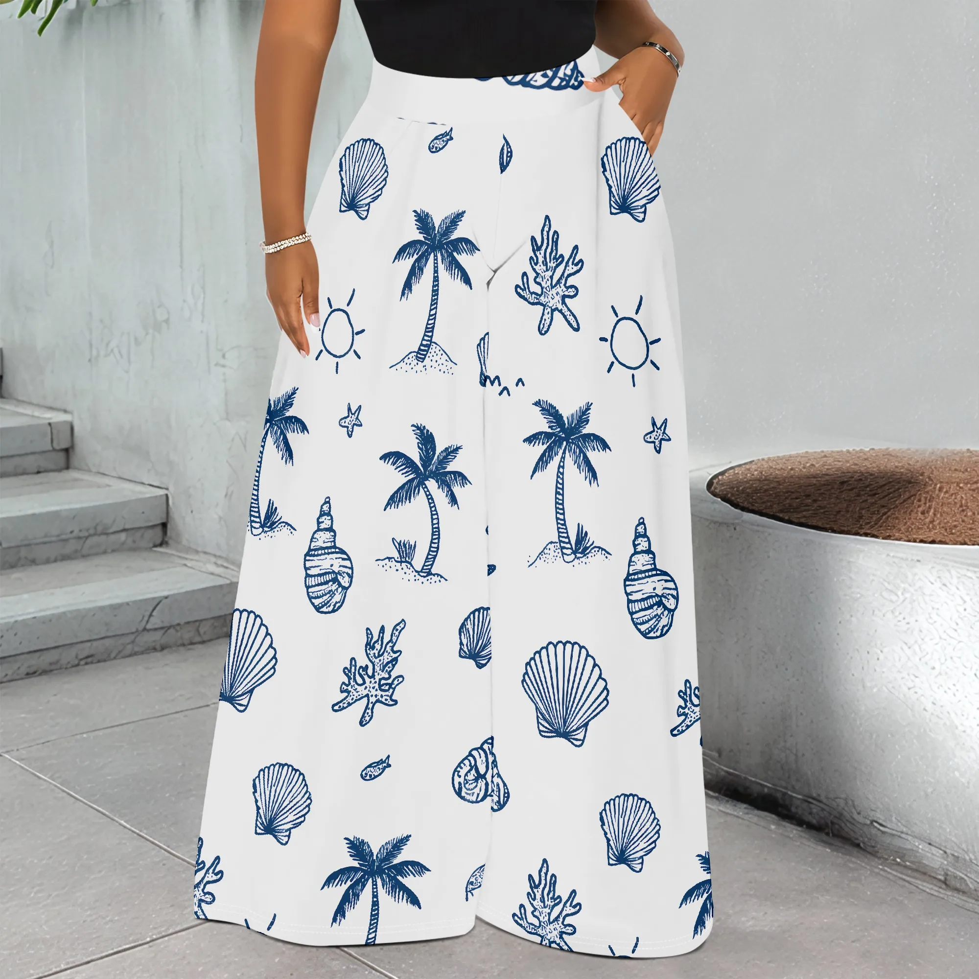 Blue Palm Tree Print, Wide Leg Pants, Seashell Pattern, Beach Trousers, Summer Vacation Wear, Casual Style, S-2XL
Blue Palm Tree Print, Wide Leg Pants, Seashell Pattern, Beach Trousers, Summer Vacation Wear, Casual Style, S-2XL