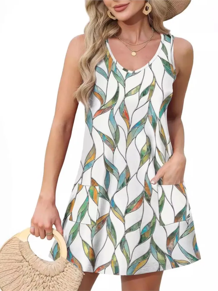 2025 Summer New Sleeveless Fashion Printed Dresses Sexy V-neck Knee Length Loose Waist Casual Dress Female Pocket Vest Vestidos
2025 Summer New Sleeveless Fashion Printed Dresses Sexy V-neck Knee Length Loose Waist Casual Dress Female Pocket Vest Vestidos