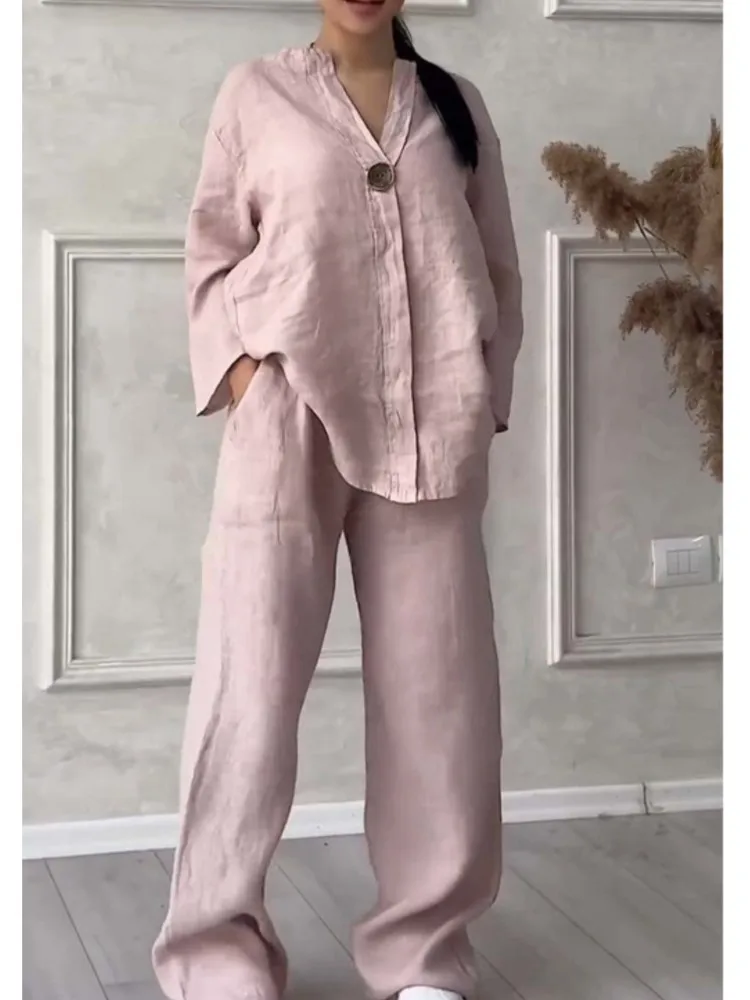 Women solid color Two Piece Sets 2025 V-neck Long Sleeve Shirts + Wide leg pants 2 Piece Set Fashion Casual office lady Outfites
Women solid color Two Piece Sets 2025 V-neck Long Sleeve Shirts + Wide leg pants 2 Piece Set Fashion Casual office lady Outfites