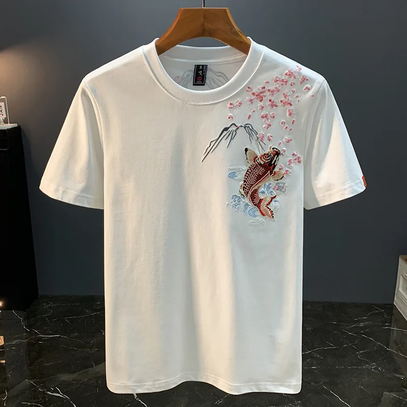 Koi embroidery printed trendy summer new short sleeved T-shirt Men's Half sleeved slim fit Chinese style casual retro Top
Koi embroidery printed trendy summer new short sleeved T-shirt Men's Half sleeved slim fit Chinese style casual retro Top