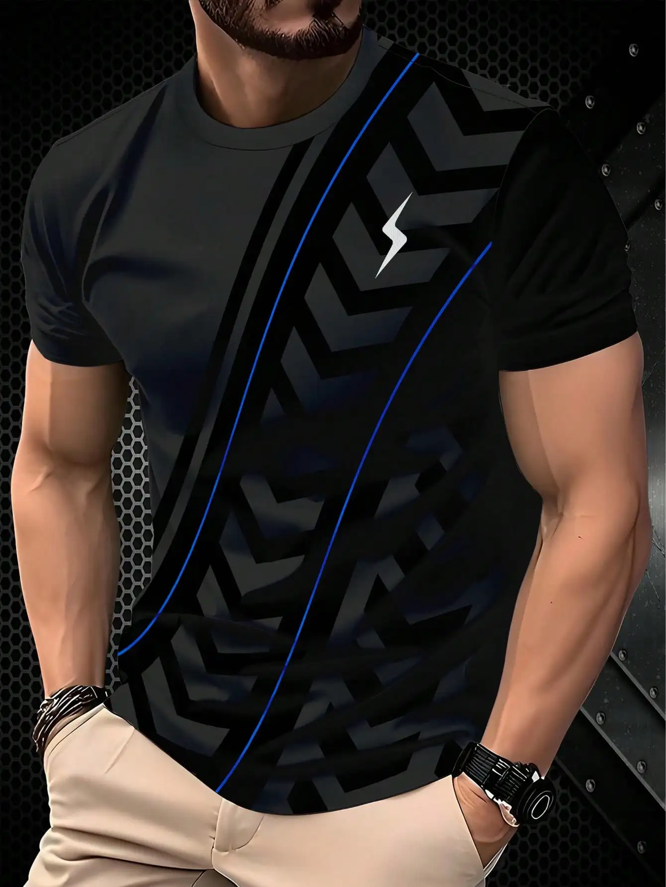 Geometric Zigzag Print Men's Short Sleeve T-Shirt with Lightning Motif, Casual Sporty Fit
Geometric Zigzag Print Men's Short Sleeve T-Shirt with Lightning Motif, Casual Sporty Fit