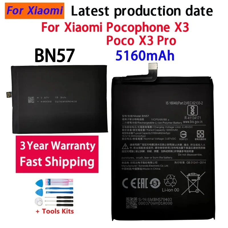 High Quality NEW 5160mAh BN57 Battery For XIAOMI POCO X3 NFC/ POCO X3 PRO/ Phone Replacement Batteries Bateria Batterij+Tools
High Quality NEW 5160mAh BN57 Battery For XIAOMI POCO X3 NFC/ POCO X3 PRO/ Phone Replacement Batteries Bateria Batterij+Tools