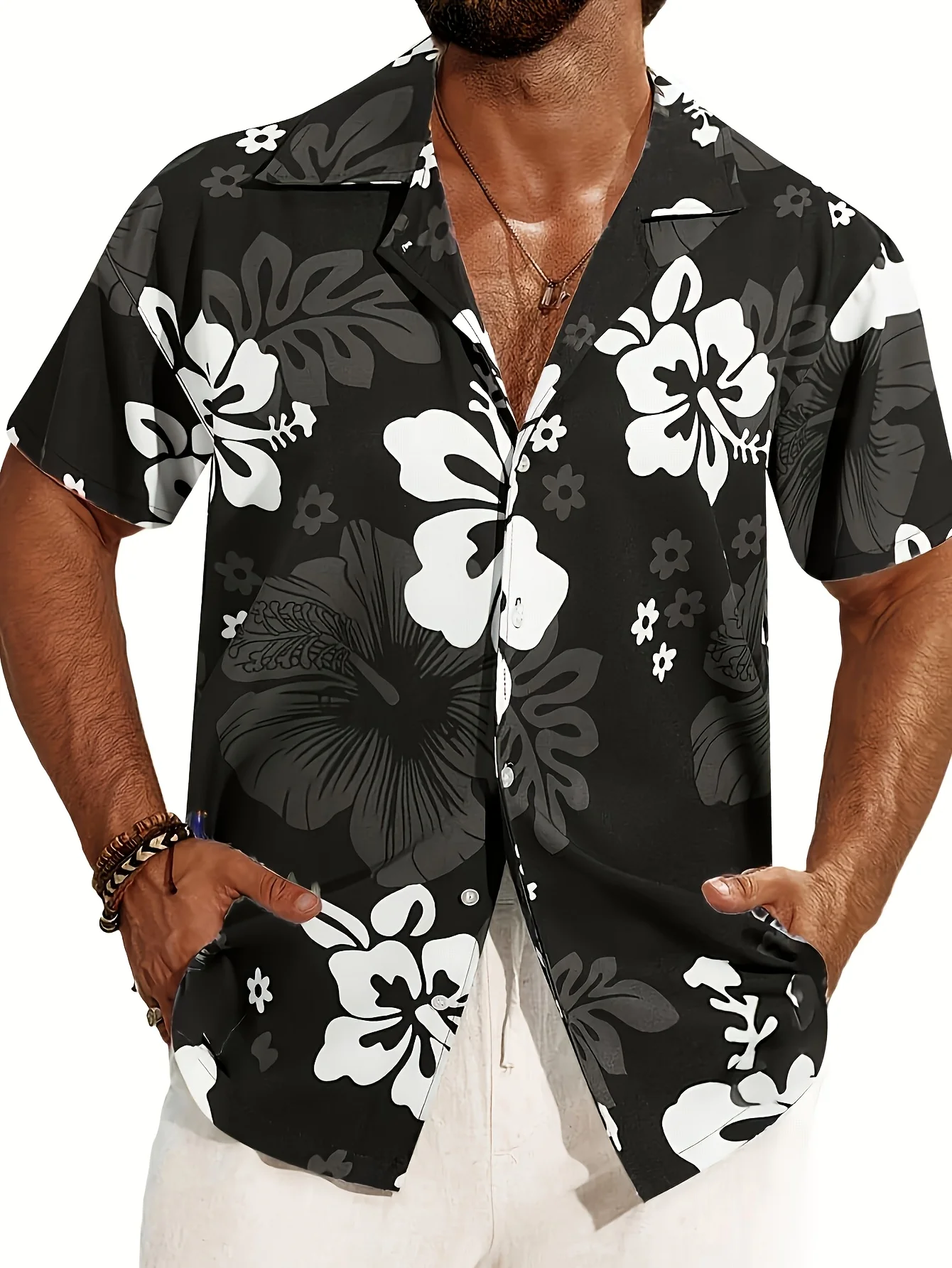 Men's Hawaiian Shirt Black White Hibiscus Tropical Print Short Sleeve Button Down Casual Aloha
Men's Hawaiian Shirt Black White Hibiscus Tropical Print Short Sleeve Button Down Casual Aloha