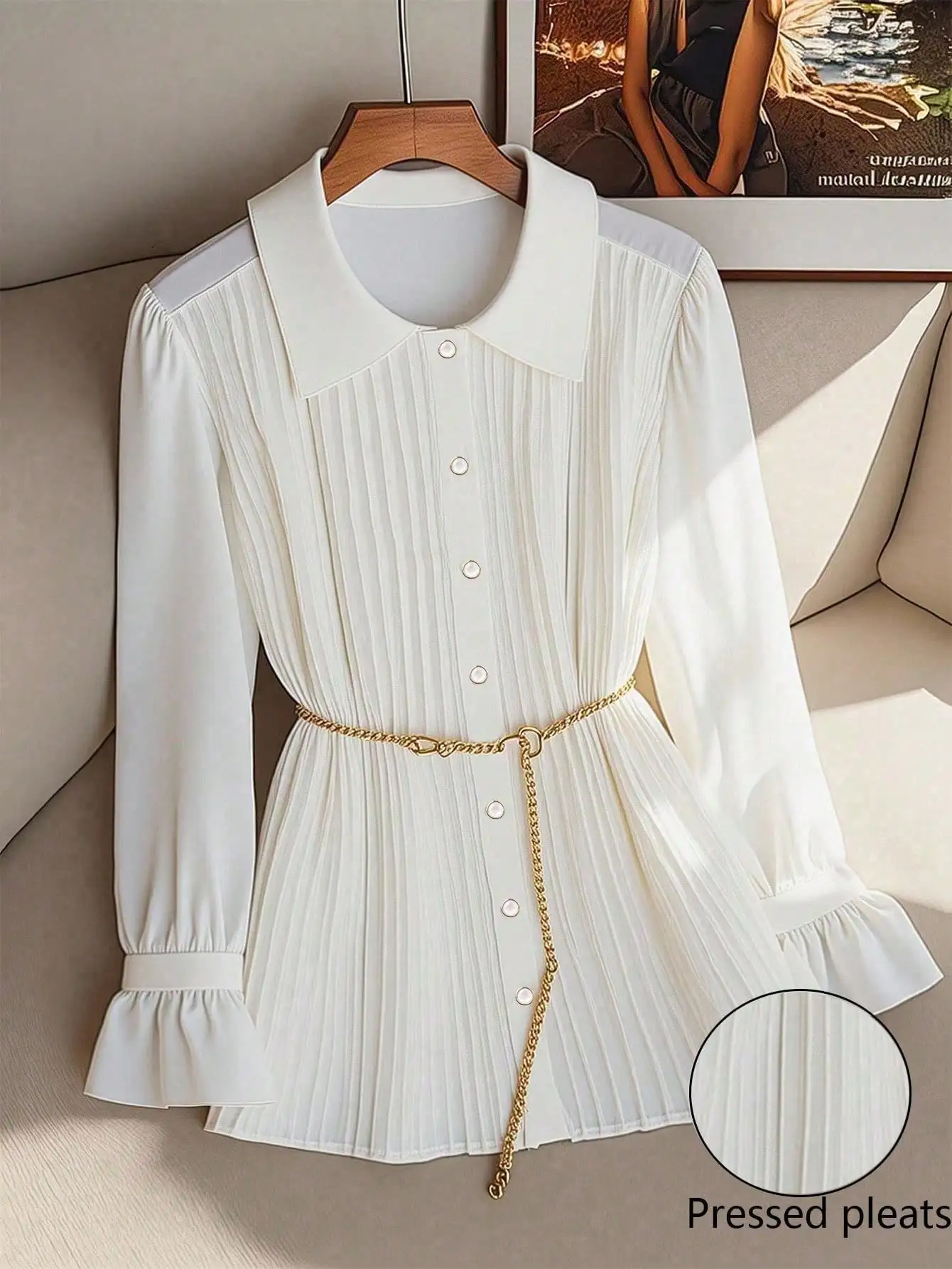 Elegant Pleated Blouse With Waist Chain For Women Work Casual
Elegant Pleated Blouse With Waist Chain For Women Work Casual